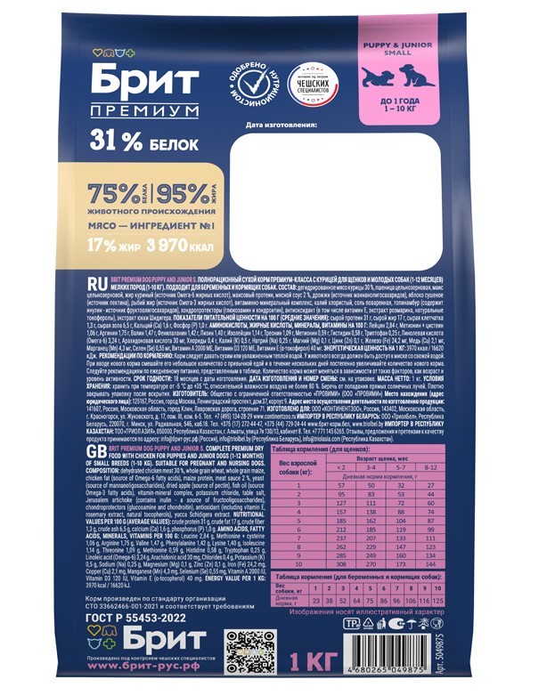 Питание для щенков Brit Premium Dog Puppy and Junior Small