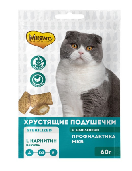 Лакомство Мнямс Хрустящие подушечки для стерилизованных кошек с цыпленком и клюквой Профилактика МКБ