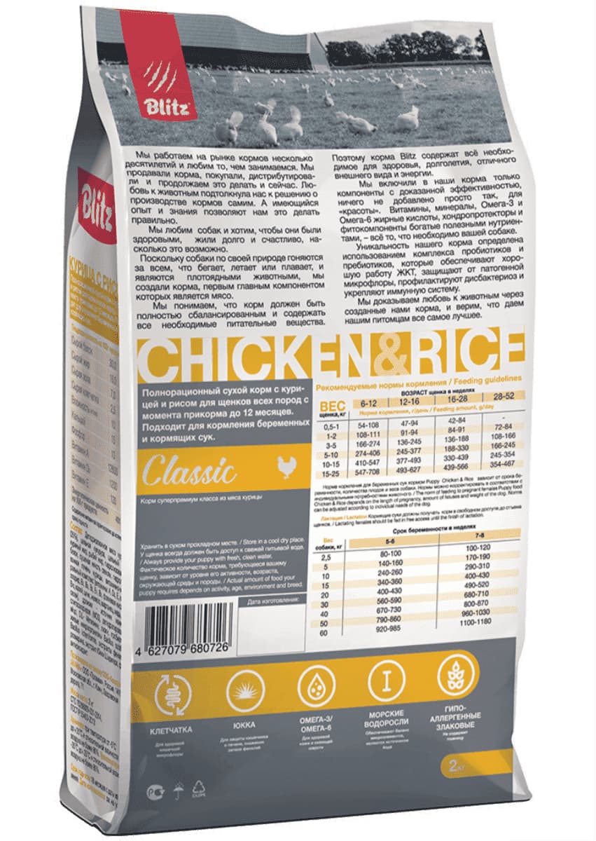 Каталог Сухой корм для щенков Blitz Classic Puppy All Breeds (курица, рис) для собак