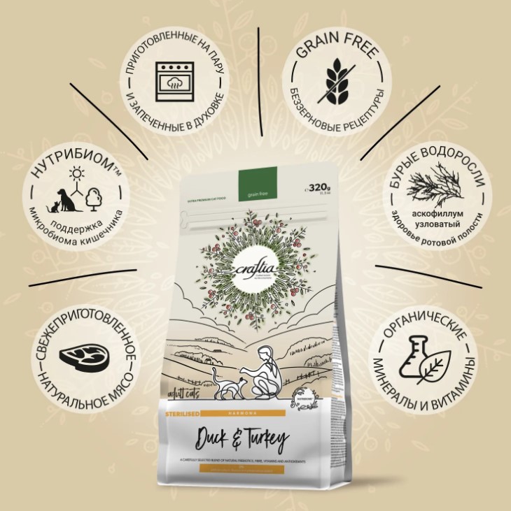 Еда для стерилизованных кошек CRAFTIA HARMONA Cat Adult Sterilised (утка, индейка)