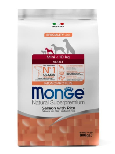 Каталог Сухой корм для собак Monge Dog Monoprotein Adult Mini (лосось, рис) для собак