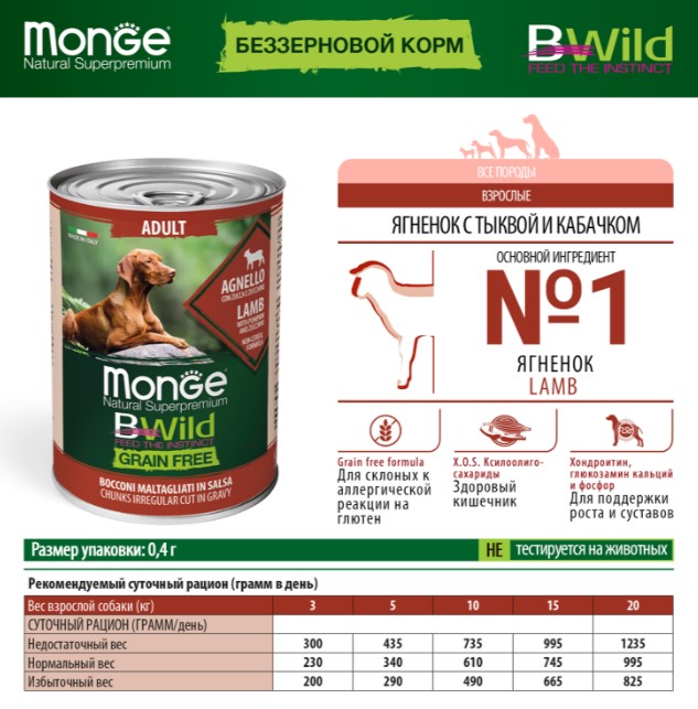 Консервы для собак Monge BWild GF Dog Adult All Breeds Lamb (ягненок,тыква)
