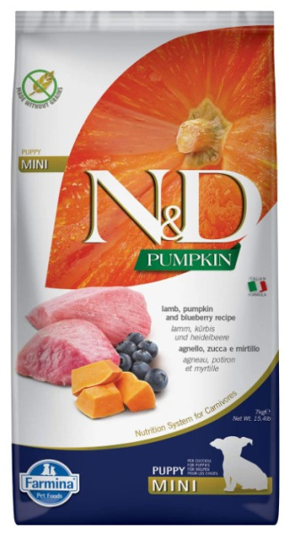 Каталог Сухой корм для щенков Farmina N&D GF Pumpkin Lamb & Blueberry Puppy Mini (ягненок, тыква, черника) для собак