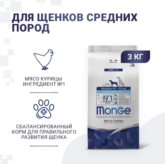 Каталог Сухой корм для щенков Monge Daily Line Medium Puppy & Junior (курица и рис) для собак