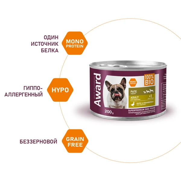 Монопротеиновые Консервы для собак Award Dog (утка с брусникой)