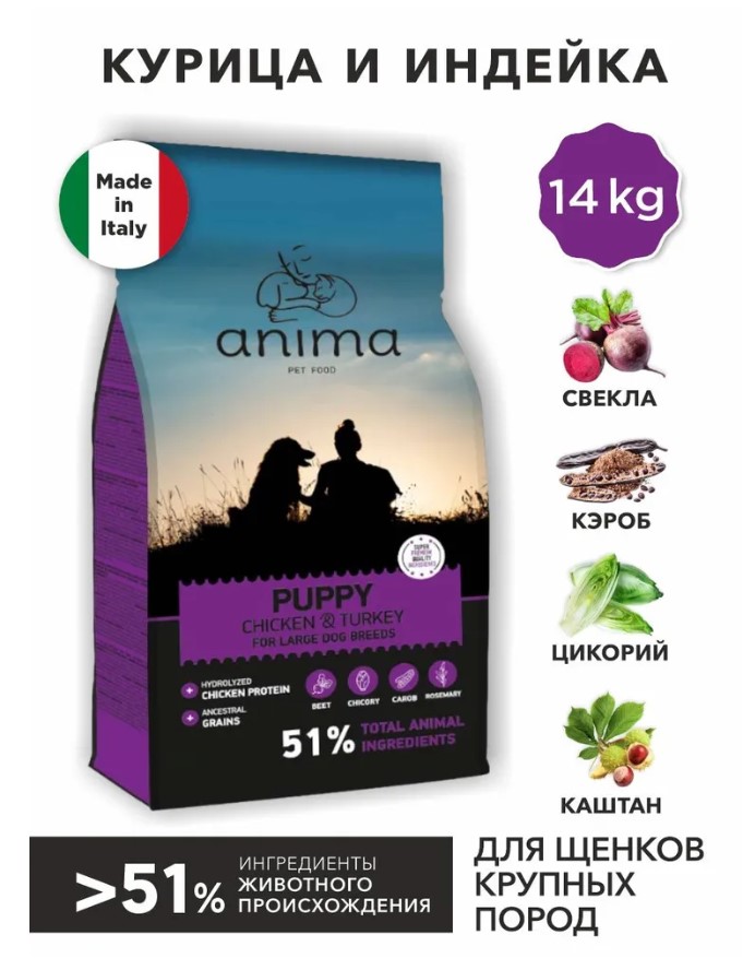 Еда для щенков крупных пород ANIMA (индейка, рис)