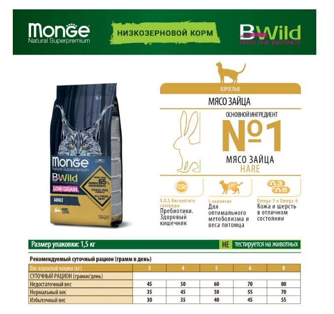 Сухой корм для кошек Monge Cat Bwild Low Grain Adult (зайчатина)