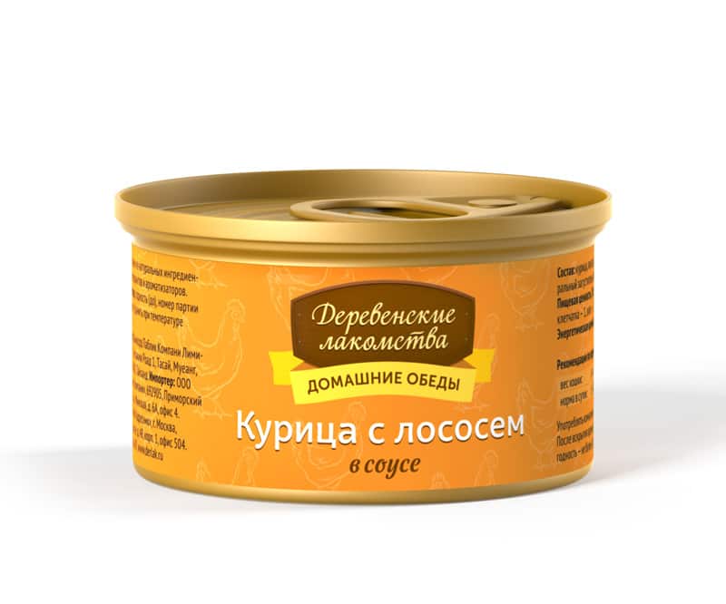 Корм для кота в жесть банке "Деревенские лакомства" "Домашние обеды" курица с лососем в соусе