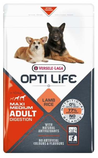 Каталог Сухой корм для собак Opti Life Adult Digestion Medium&Maxi (ягненок, рис) для собак