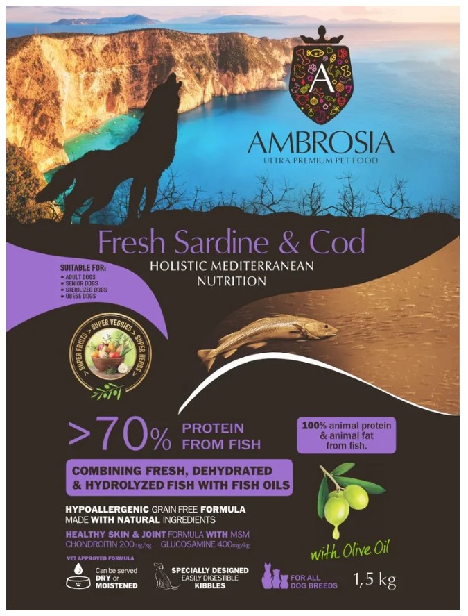 Каталог Сухой корм для взрослых собак AMBROSIA MEDITERRANEAN (сардина, треска) для собак