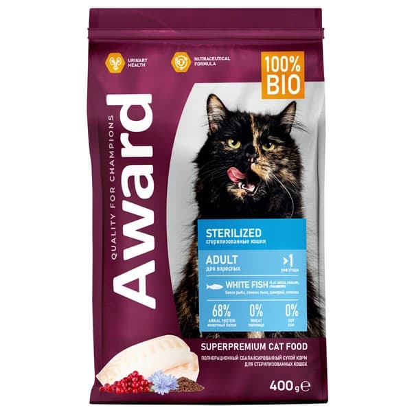 Рацион для кастрированного кота Award Cat Sterilized (белая рыба)