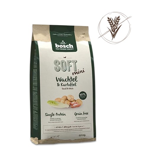 Питание для собак породы Мини Сухой корм для собак Bosch Soft Mini (перепелка с картофелем)