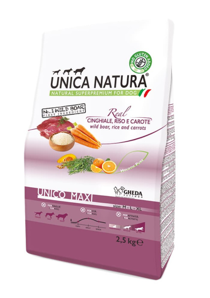 Питание для собак Сухой корм для собак Unica Natura Unico Maxi (Дикий кабан, рис, морковь)