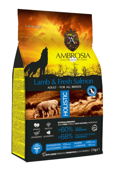 Повседневный корм для собак всех пород Сухой корм для собак Ambrosia Grain Free Dog Adult All Breed (ягненок, лосось)