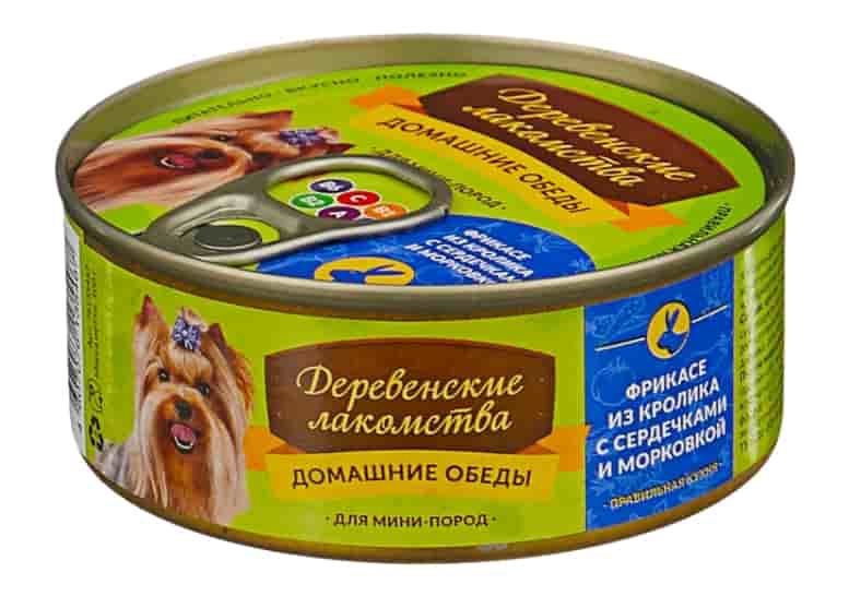 Консервы для собак Деревенские лакомства Домашние обеды фрикасе из кролика с сердечками и морковь