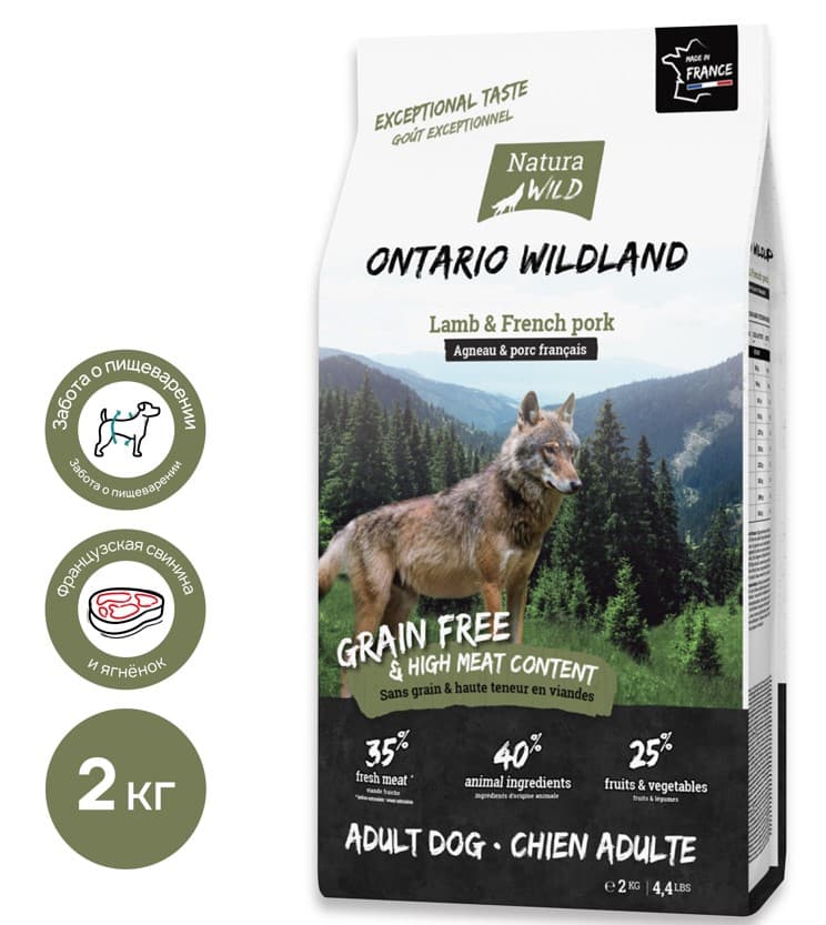 Еда для привередливых собак Сухой корм для собак Natura Wild DOG Ontario Wildland (ягненок, свинина)