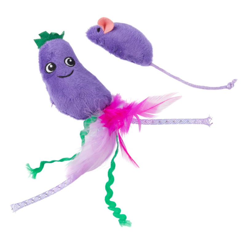 Игрушка Mr.Kranch для кошек Баклажанчик и Мышка плюшевая с кошачьей мятой и перышками 19 см фиолетов