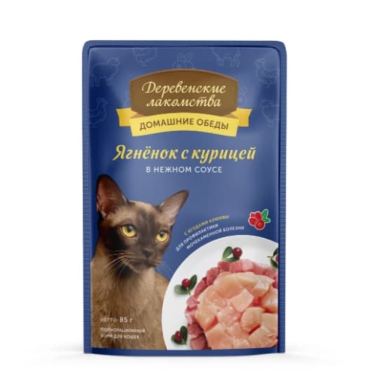 Еда для кошек Деревенские лакомства Домашние обеды (ягненок с курицей в нежном соусе)