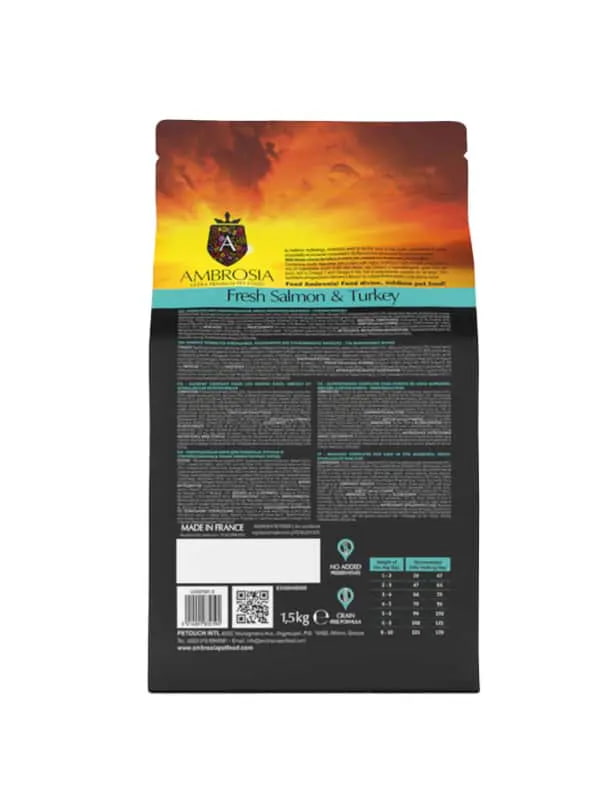 Еда для пожилых мелких собак Сухой корм для собак Ambrosia Grain Free Senior Mini Light (лосось, индейка)