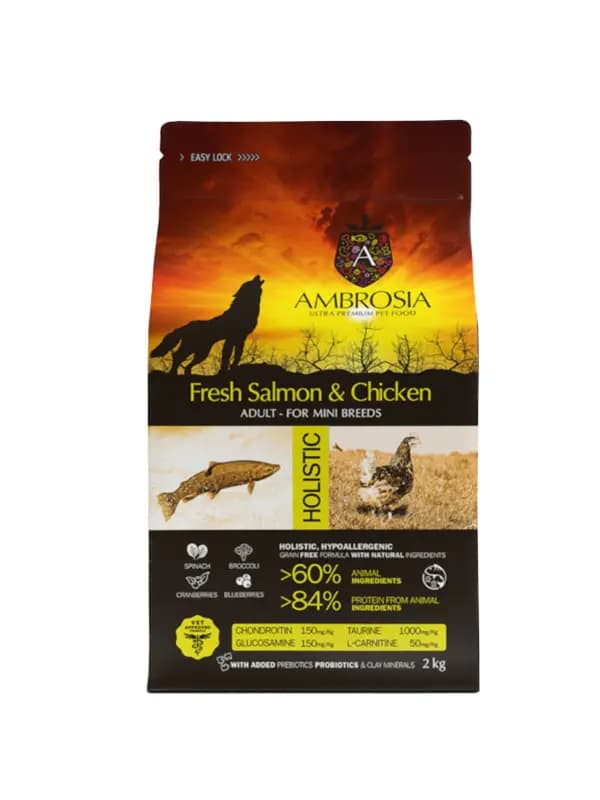 Еда для собак мини пород Сухой корм для собак Мини пород Ambrosia Grain Free Dog Adult Mini (лосось, курица)