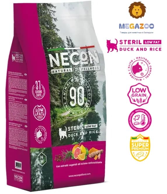Сухой рацион для кошек Necon Natural Wellness Low Fat Sterilized (утка, рис)