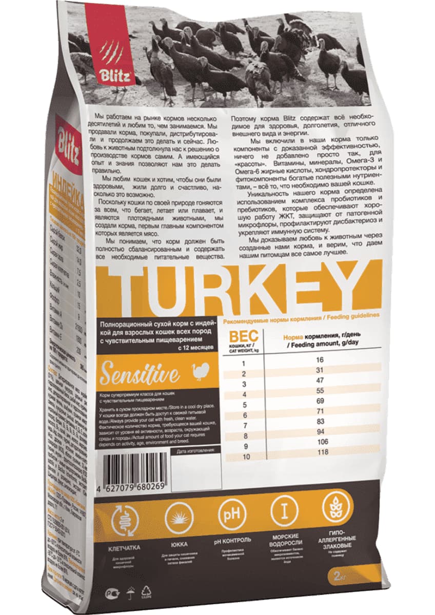 Сухой корм для кошек Blitz Sensitive Adult Cat All Breeds (индейка)