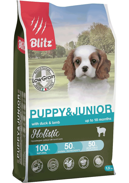Каталог Сухой корм для щенков Blitz Holistic Puppy & Junior (утка, ягненок) для собак