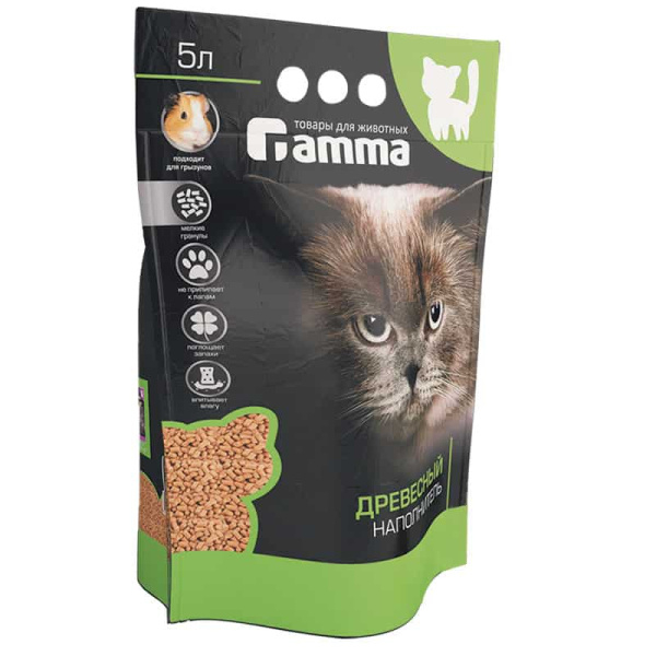 Древесный наполнитель Gamma, мелкие гранулы 5 л для лотка 