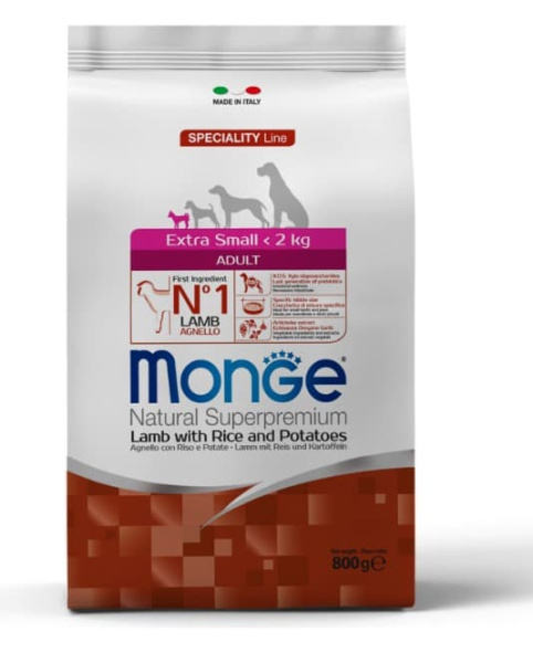 Каталог Сухой корм для собак Monge Dog Extra Small Adult (ягненок,рис,картофель) для собак