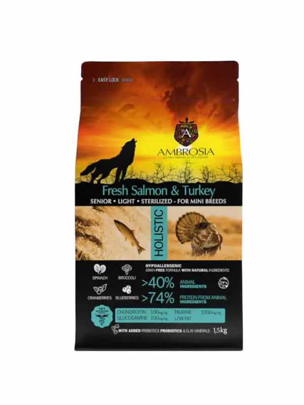 Еда для пожилых мелких собак Сухой корм для собак Ambrosia Grain Free Senior Mini Light (лосось, индейка)