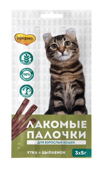 Лакомство Мнямс лакомые палочки 13,5 см для кошек с цыпленком и уткой
