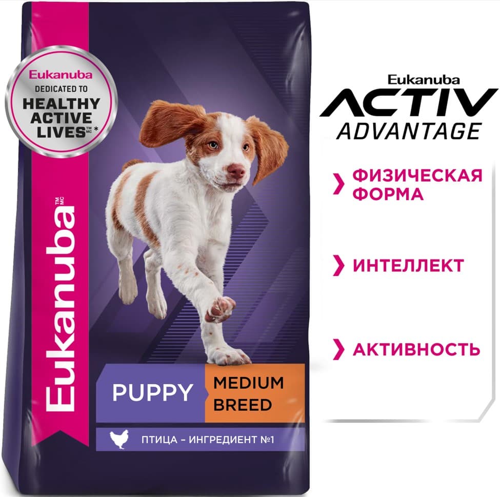 Пища для щенков средних пород Сухой корм для щенков Eukanuba Puppy Medium Breed (птица)
