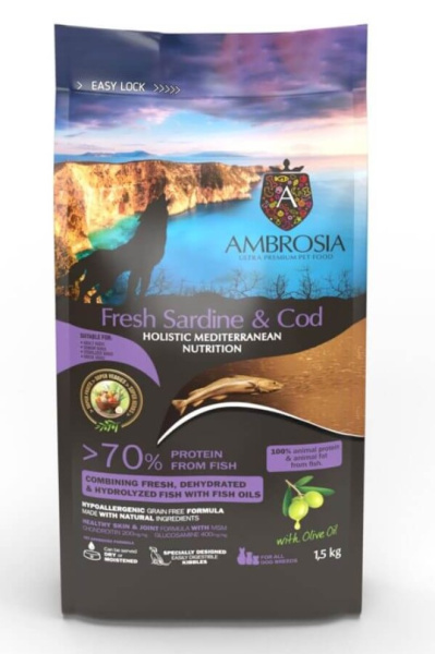 Каталог Сухой корм для взрослых собак AMBROSIA MEDITERRANEAN (сардина, треска) для собак
