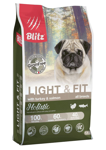 Каталог Сухой корм для собак Blitz Holistic Adult Light & Fit (индейка, лосось) для собак