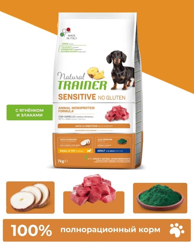 Сухой рацион для собак мелких пород с чувствительным пищеварением Trainer Natural Sensitive No Gluten Mini Adult (ягненок) 