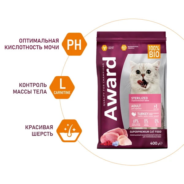Рацион для стерилизованных кошек Сухой корм для кошек Award Cat Sterilized (индейка, курица)