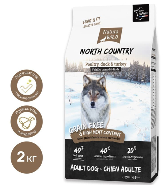 Еда для собак с избыточным весом Natura Wild DOG North Country (курица, утка, индейка)