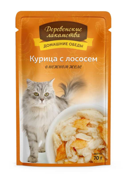Влажная Еда для кошек "Деревенские лакомства" "Домашние обеды" курица с лососем в нежном желе