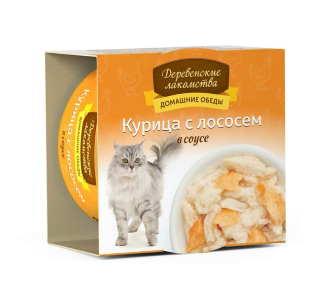 Корм для кота в жесть банке "Деревенские лакомства" "Домашние обеды" курица с лососем в соусе