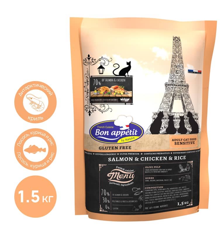Кошачий корм Bon Appetit CAT Adult Sensitive (лосось, курица)