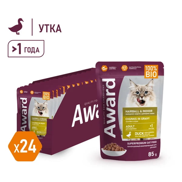 Консервы для кошек Влажный корм для кошек Award Cat Hairball & Indoor (утка в соусе)