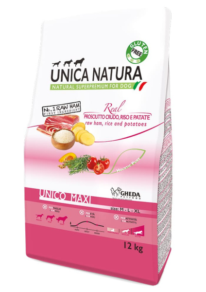 Питание для собак Сухой корм для собак Unica Natura Unico Maxi (Сыровяленая ветчина, рис, картофель)