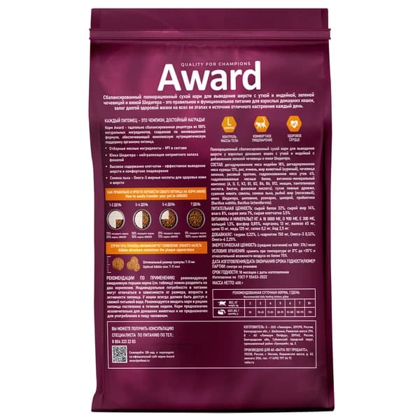 Рацион для вывода шерсти у кошек Award Cat Hairball & Indoor (утка, индейка)