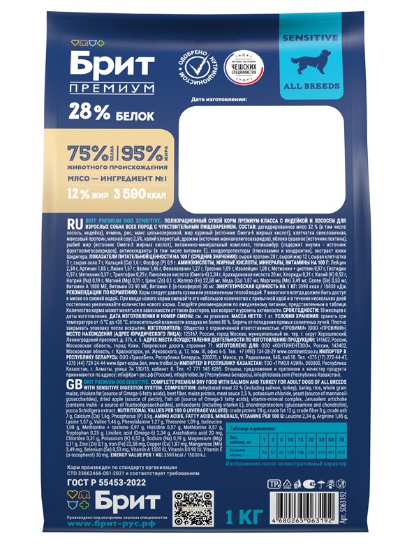 Пища для собак с чувствительным пищеварением  Сухой корм для собак Brit Premium Dog Adult Sensitive (лосось, индейка)