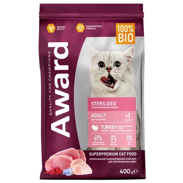 Рацион для стерилизованных кошек Сухой корм для кошек Award Cat Sterilized (индейка, курица)
