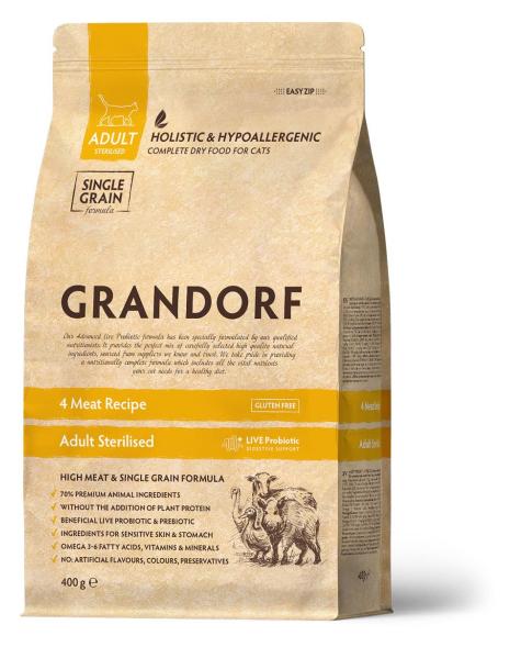Сухой корм для кошек Grandorf Probiotics Adult Sterilized (4 вида мяса) корм для кастрированных котов, содержащий живые пробиотики