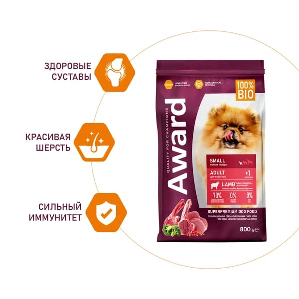 Еда для мелких и миниатюрных пород Award Adult Small Dog (ягненок, индейка)