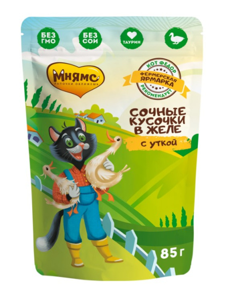Влажный корм Мнямс сочные кусочки в желе для кошек с уткой «Фермерская ярмарка» линия Кот Федор