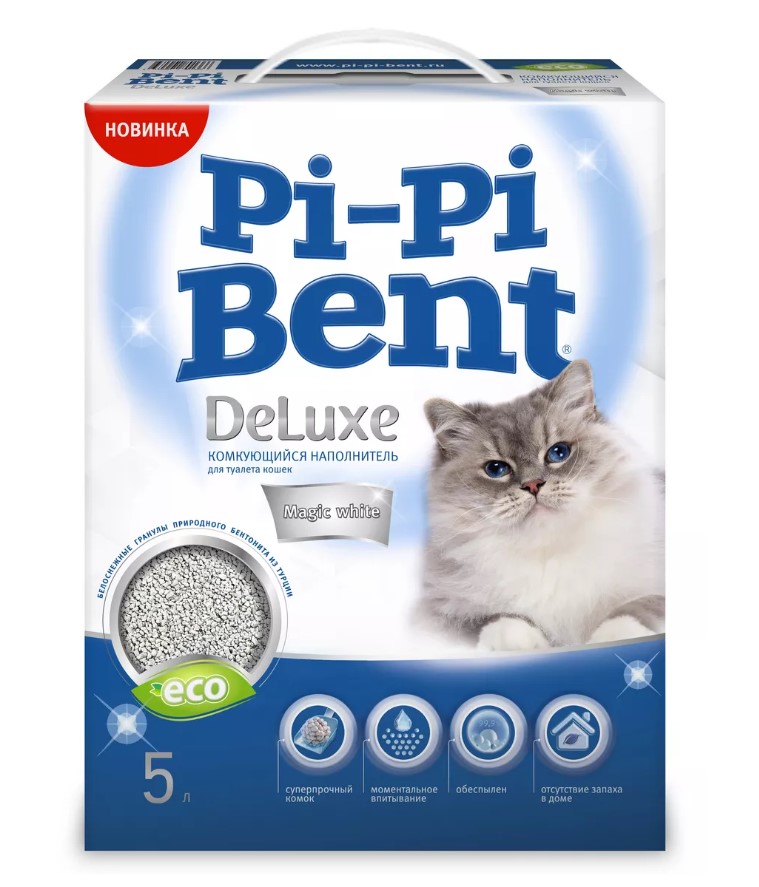 Наполнитель бентонитовый Pi-Pi-Bent Deluxe Magic White (без запаха) 5л.