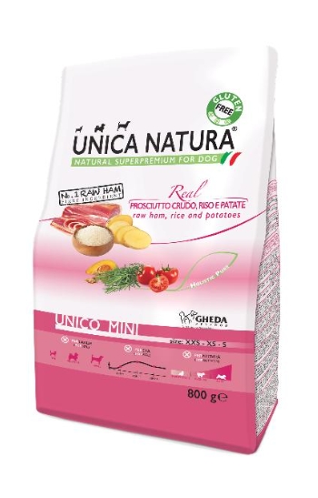 Рацион для собак Сухой корм для собак Unica Natura Unico Mini (Сыровяленая ветчина, рис, картофель)